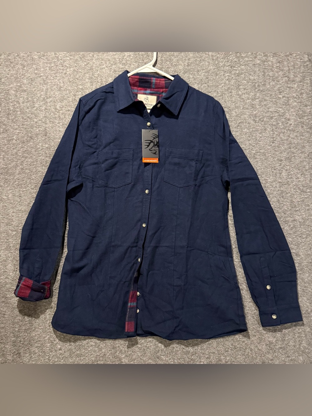Legendary Whitetails Flannel Shirt Womens L Navy Blue Flip Cuff Cottage Cotton